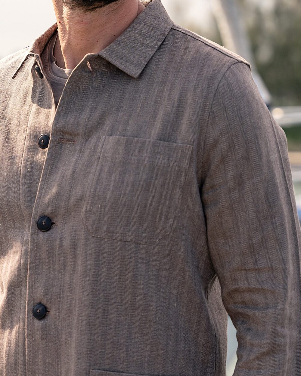 CONTEMPORARY SHIRT JACKET IN LINEN-COTTON CHEVRON FABRIC