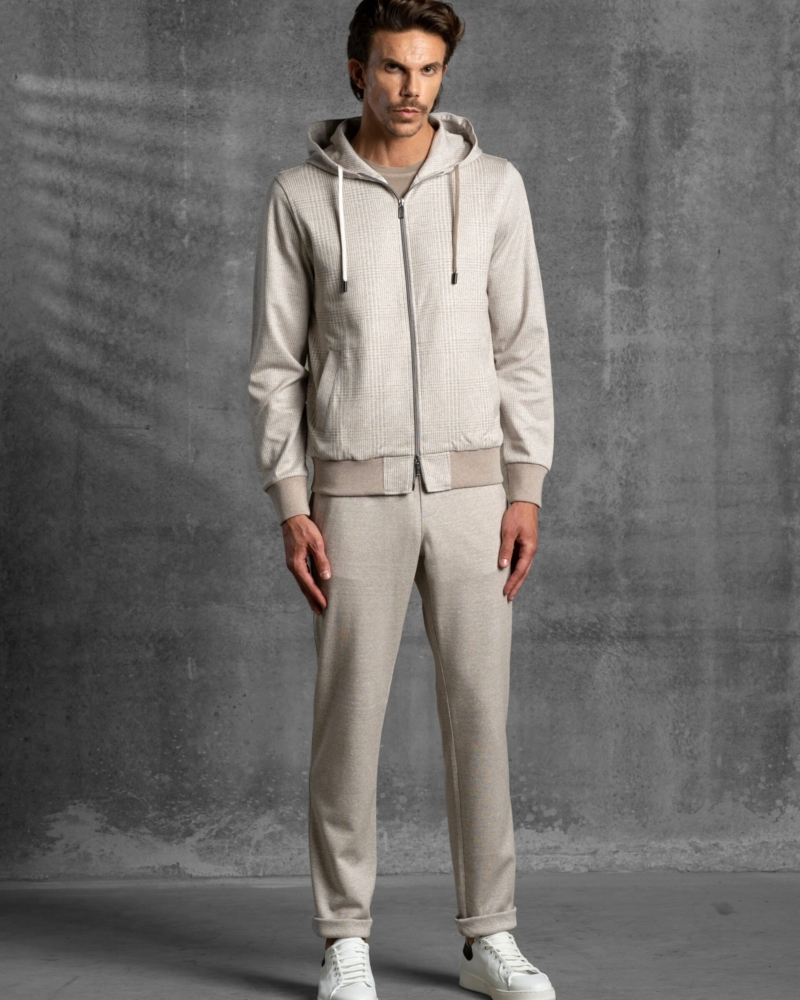 LINEN-COTTON MELANGE JERSEY LEISURE SUIT WITH MACRO-CHEVRON DESIGN