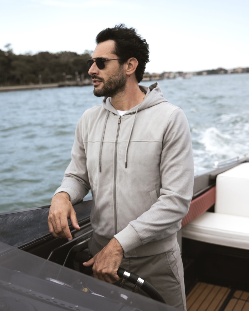 SUEDE-DETAIL COTTON JERSEY HOODY