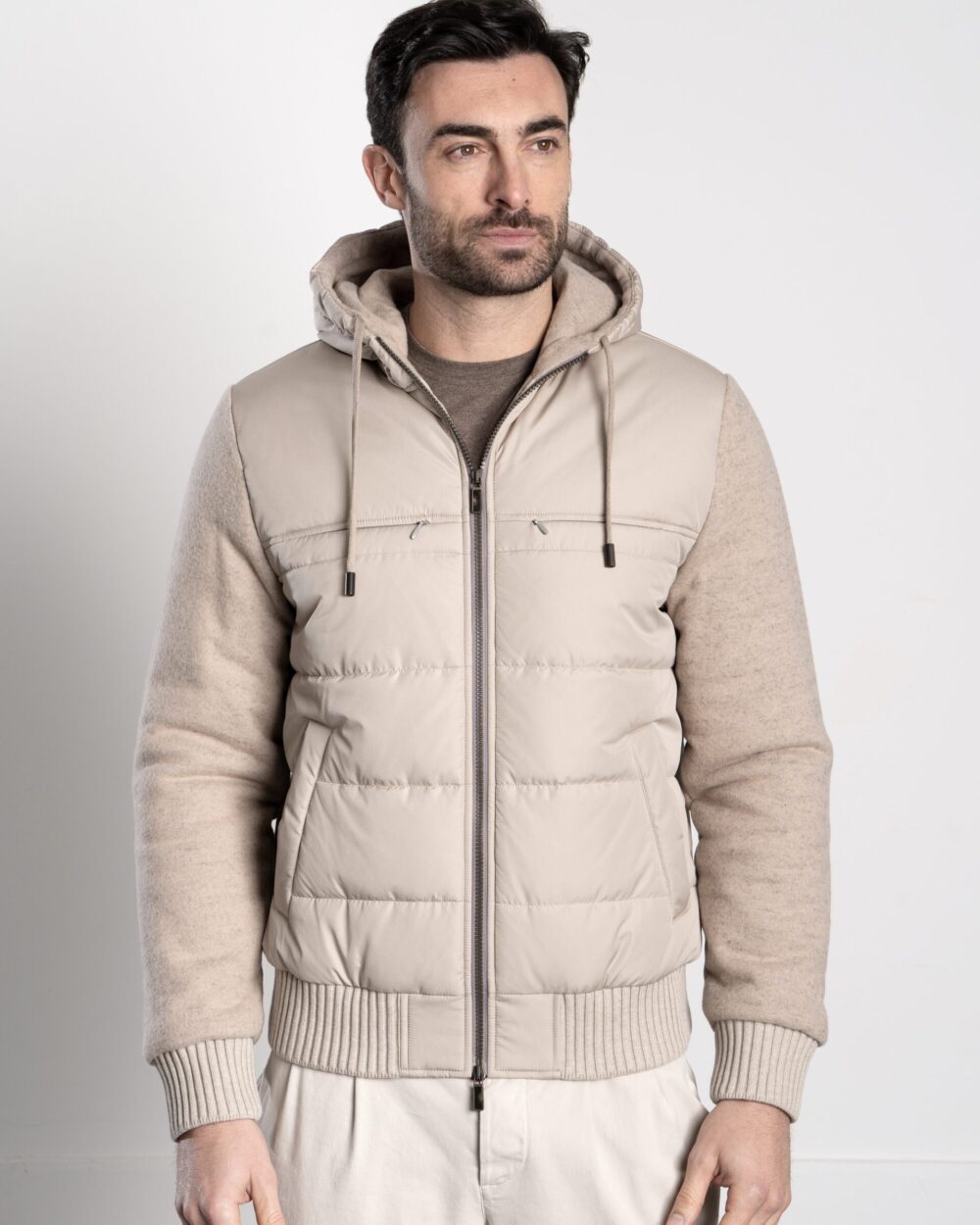 QUILTED NYLON BOMBER WITH WOOLCOT SLEEVES