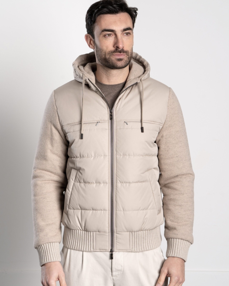 QUILTED NYLON BOMBER WITH WOOLCOT SLEEVES