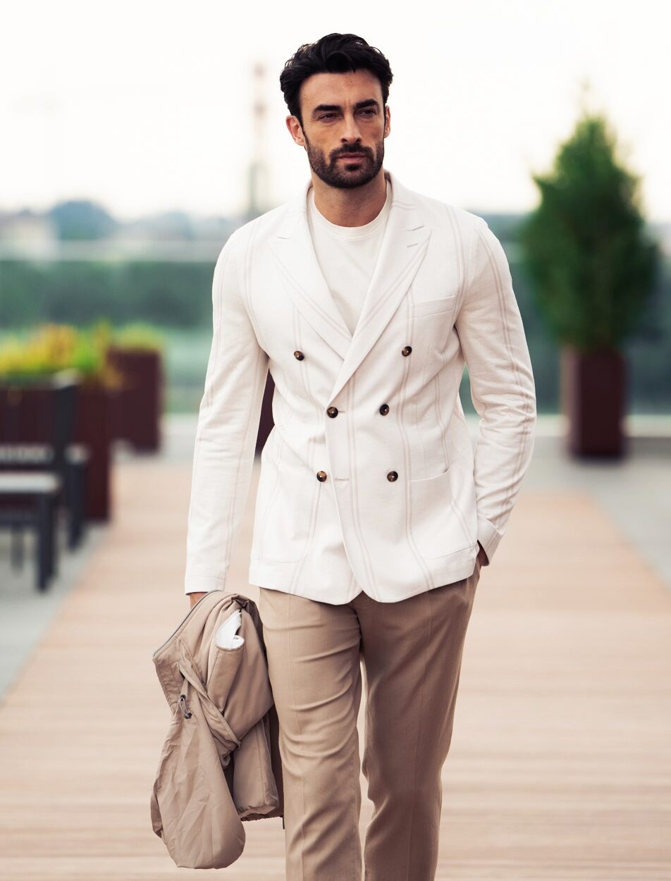 DOUBLE-BREASTED BLAZER SOFT-JERSEY LINEN-COTTON