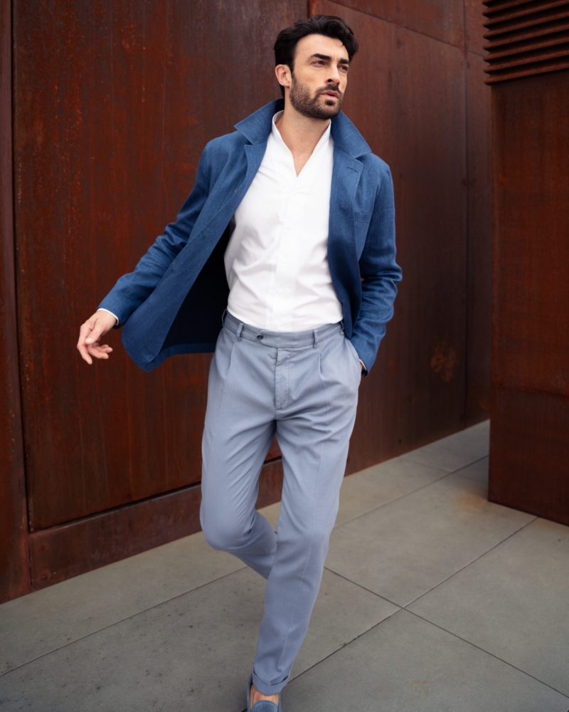 COTTON AND LINEN BLEND PLEATED TROUSERS