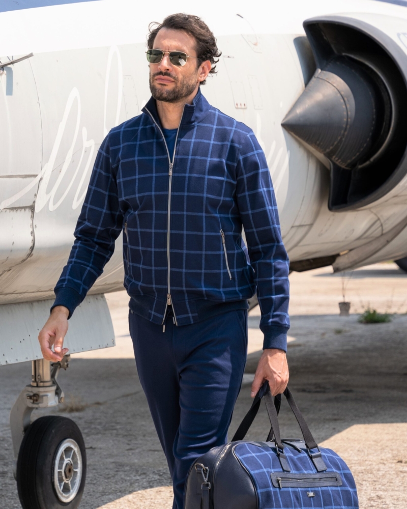 FULL‑ZIP SWEATER IN PURE COTTON LIGHT FLEECE WITH TWO‑TONE YARN‑DYED CHECK