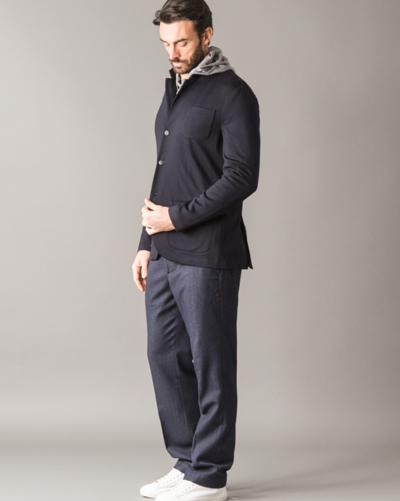 SMART STAND-UP COLLAR BLAZER IN PURE MERINO WOOL FLEECE WITH ARTISANAL STITCHING