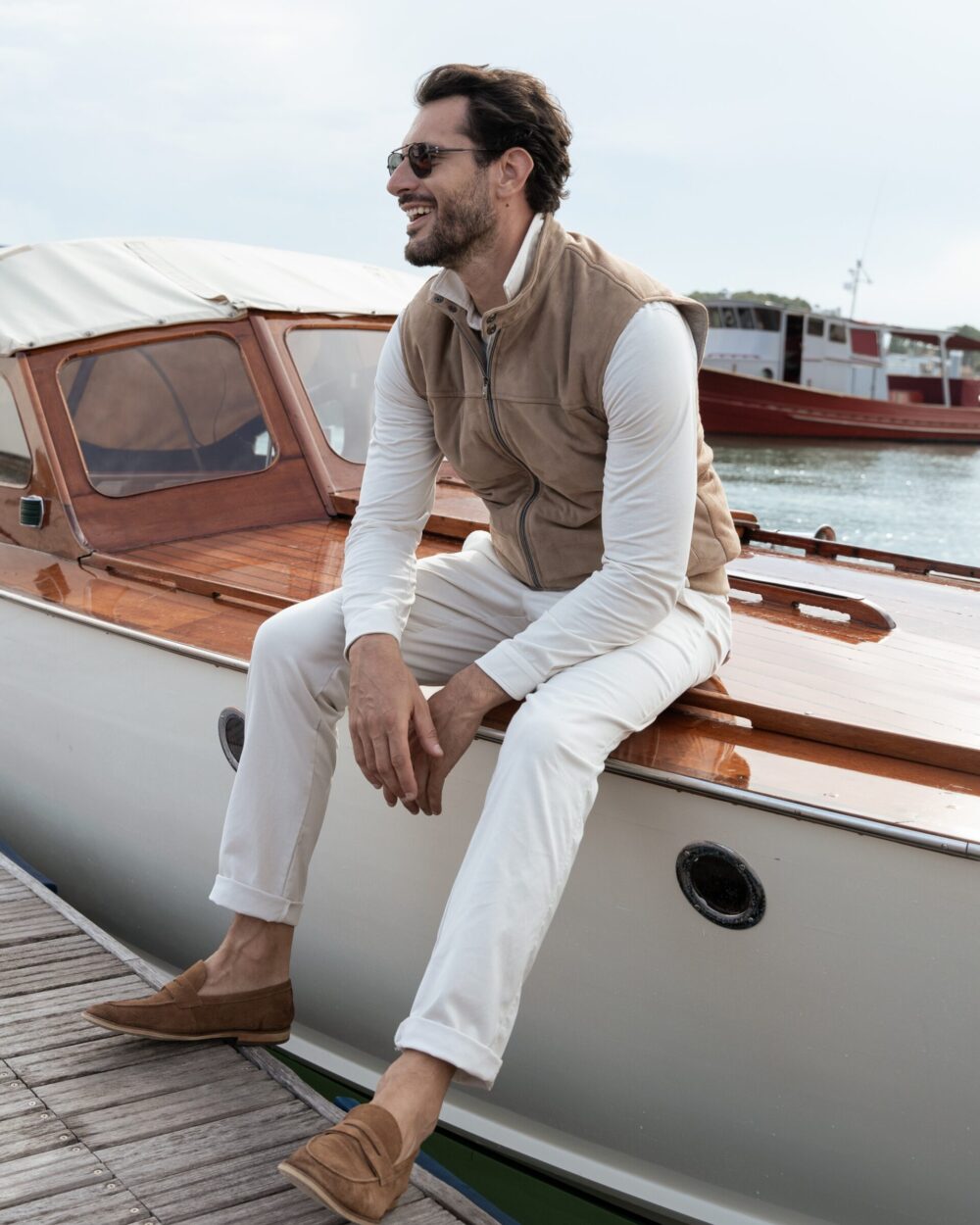 TRENDY ELEGANT VEST IN YARN-DYED PURE COTTON SOFT JERSEY WITH SUEDE LEATHER FRONT