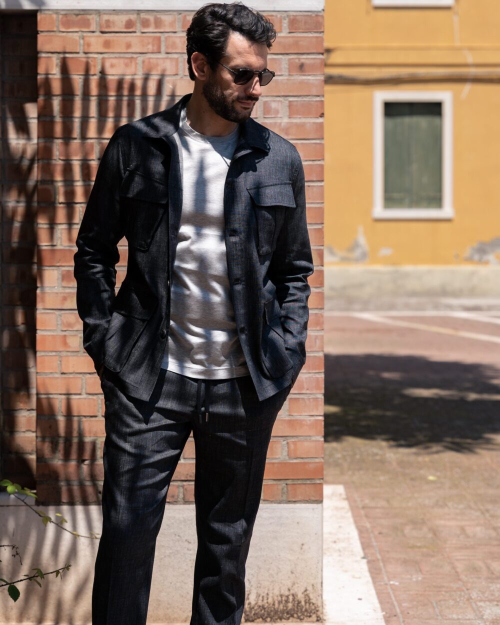 CASUAL-CHIC SAFARI JACKET AND EASY-FIT PANTS SET IN LINEN-WOOL-COTTON